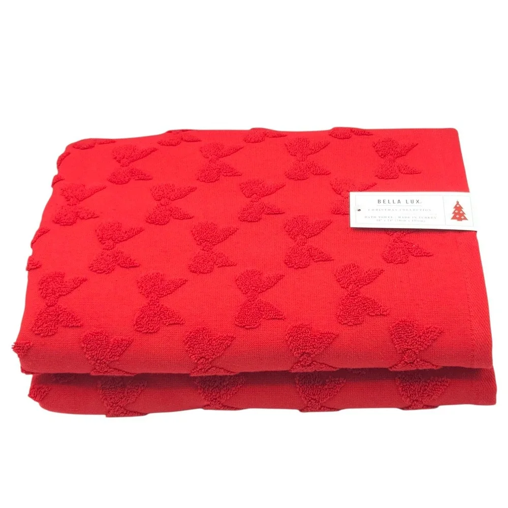 Bella Lux Christmas Collection Red Bows Embossed Turkish Cotton Towel Set Of 4pc